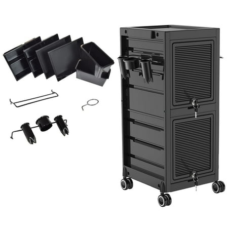 EastVita Salon Trolley Cart,Lockable Rolling SPA Storage Trolley with Wheels,6 Trays & Tool Holders,Beauty Salon Station Cart,Black