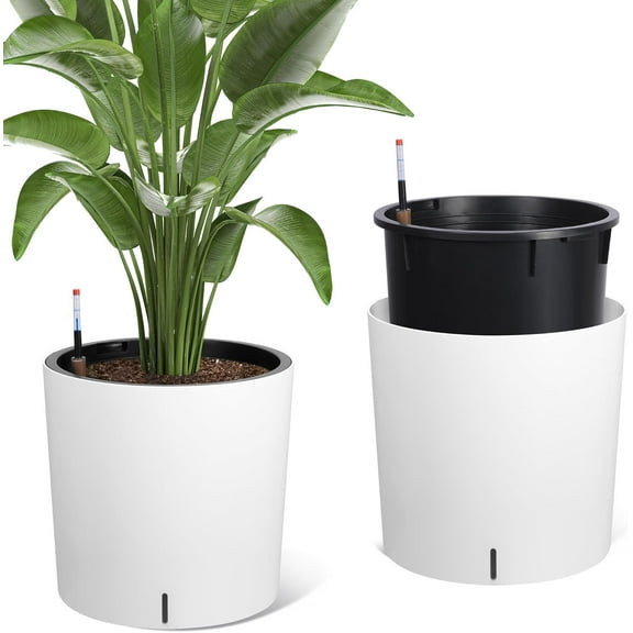 EastVita Set of 2 - Tall Round Planters 19.5" H x 19.9" Dia with Built-in Drainage, Water Level Monitor & Wheels for Indoor Plants on Patio, Porch, Living Room