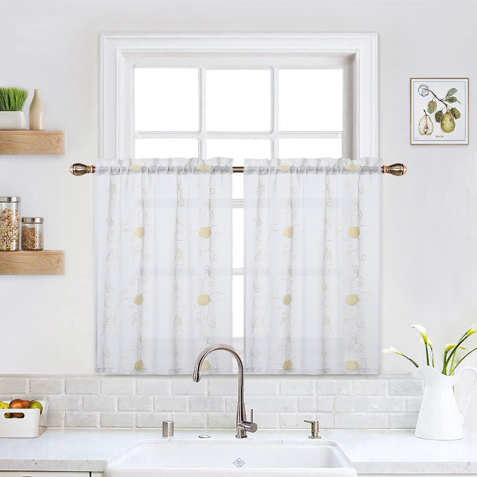 EastVita Sheer Cafe Curtains 30 Inch Length Floral Embroidered Pom