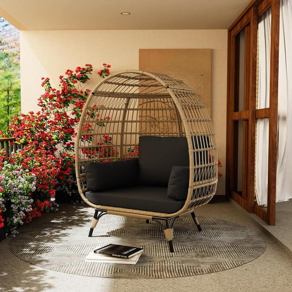 EastVita Single Standing Egg Chair Outdoor Patio Egg Chair with Cushions Metal Frame Stand Suitable for Balcony Terrace Living Room Black