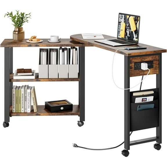 EastVita Sofa Table 360° Rotating Tabletop,2-Tier End Table with Charging Station,Side Storage Pocket,Sturdy,Retro