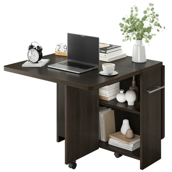 EastVita Space Saving Folding Dining Table with 2 Tier Storage,Extendable Drop Leaf Farmhouse Wood Table Set for Kitchen Dining Room,Deep Walnut