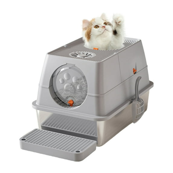 EastVita Stainless Steel Cat Litter Box, High Sided Enclosure Litter Box Large Cat Toilet with 2 Door, Sand Filter Pedal & Scoop