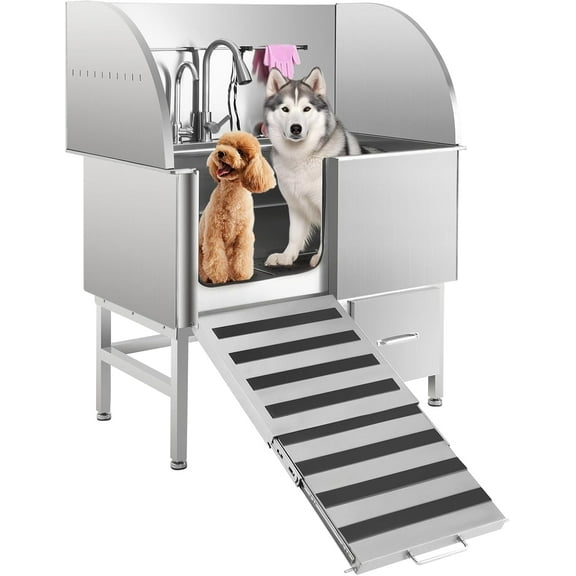 EastVita Stainless Steel Dog Grooming Tub,Professional Dog Wash Station with Foldable Ramp,Storage Drawer,Floor Grate & Faucet,Left Door,Grooming Bathtub