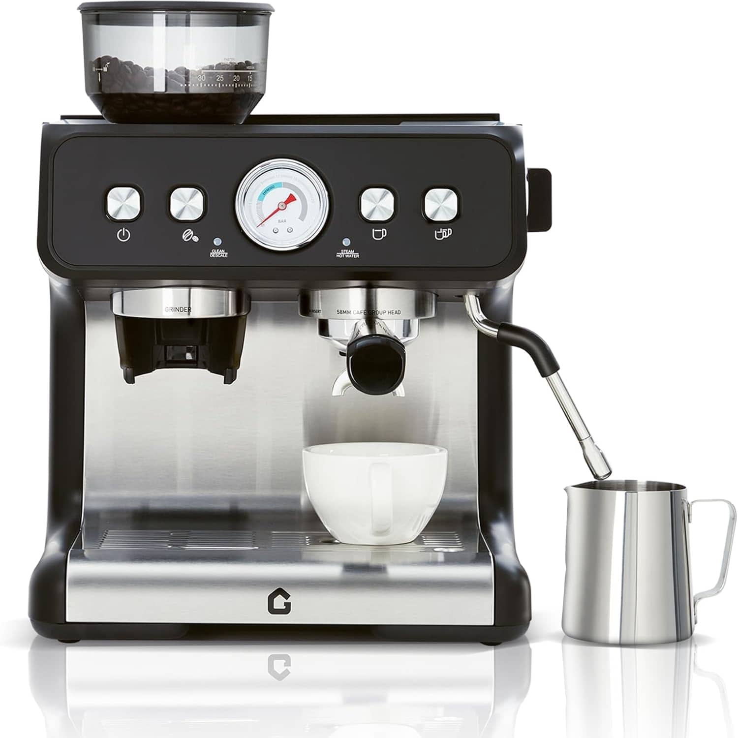 EastVita Stainless Steel Espresso Machine With Grinder And 20 Bar Pressure 2.8 Litre Removable Water Tank Latte/Cappuccino Milk Frother And Steam Wand