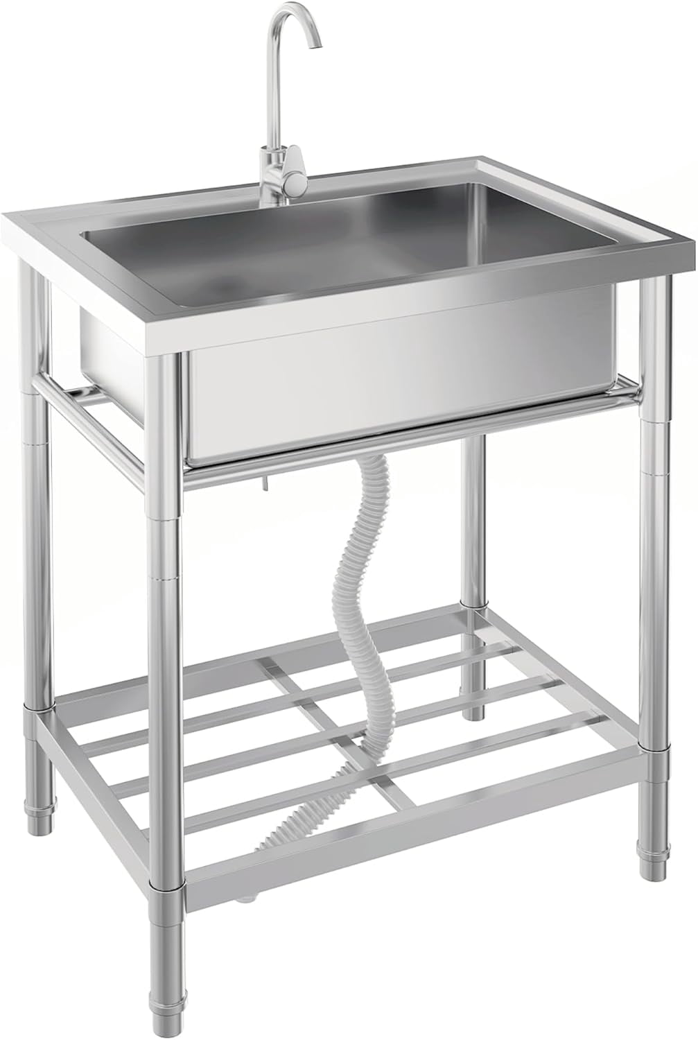 EastVita Stainless Steel Free-Standing Single Bowl Utility Laundry Sink with Faucet, Drainboard, Storage and Hot/Cold Water Plumbing for Restaurant, Workshop