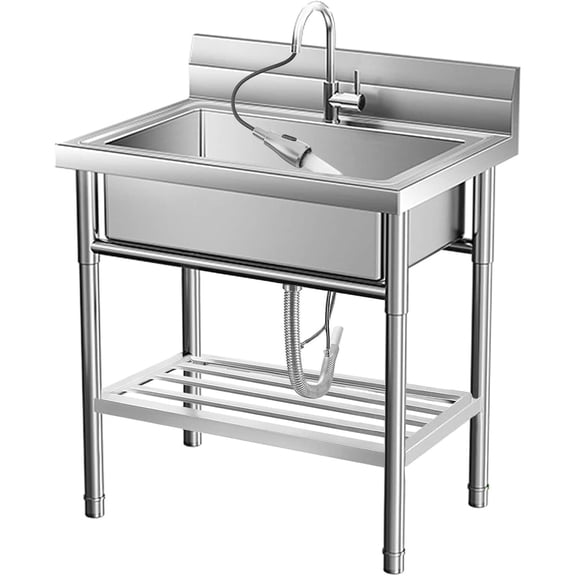 EastVita Stainless Steel Utility Sink Free Standing Single Bowl Sink with Cold and Hot Water Pipe Commercial Kitchen Utility Sinks for a Laundry Room Bathroom Kitchen Indoor Outdoor