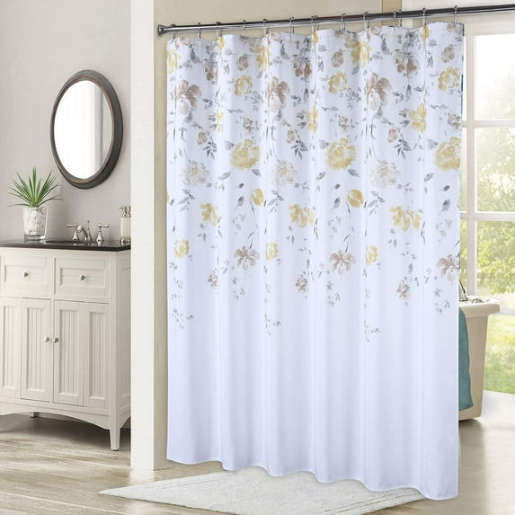 EastVita Stall Leaf Printed Shower Curtain Water Resistant Yellow Floral Fabric Shower Curtain For Bathroom Watercolor Canvas Shower Curtains For Bathroom Showers And Bathtubsyellow