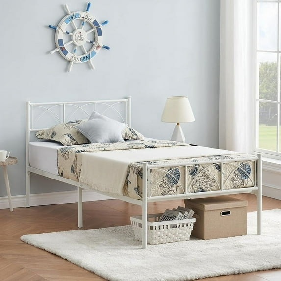 EastVita TWIN Size Bed Frame Sturdy Modern Stylish Iron Bed with Headboard and Footboard Metal Platform Bed Frame with Bed Storage White