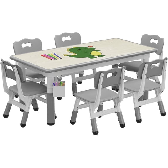EastVita Table and 6 Chairs Set with Storage Box, Height Adjustable Toddler Table and Chair Set for Ages 2-10, Graffiti Desktop, Non-Slip Legs, Children Activity Table for Daycare Classroom Home