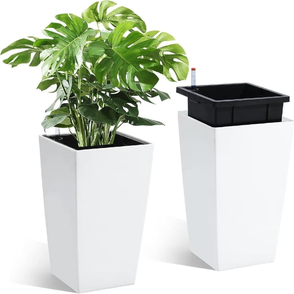 EastVita Tall Planters Set of 2 Self Watering Technology Water Level Monitor Mobility Wheels Drainage Design Removable Inner Bucket for Porch Patio Indoor Outdoor