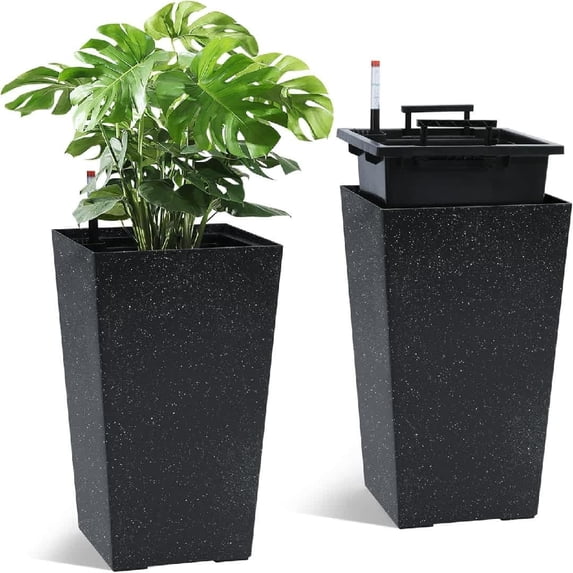 EastVita Tall Planters Set of 2 Self Watering Technology Water Level Monitor Mobility Wheels Drainage Design Removable Inner Bucket for Porch Patio Indoor Outdoor