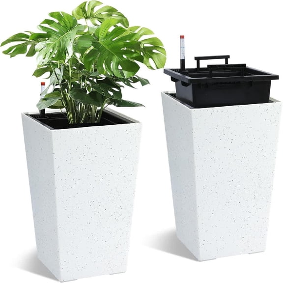 EastVita Tall Planters Set of 2 Self Watering Technology Water Level Monitor Mobility Wheels Drainage Design Removable Inner Bucket for Porch Patio Indoor Outdoor