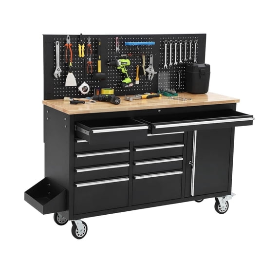EastVita Tool Box 61 Inch 10 Drawer Storage Cabinet with Rubberwood Work Surface Rolling Steel Tool Organizer for Professional Workshop and Home Garage Black