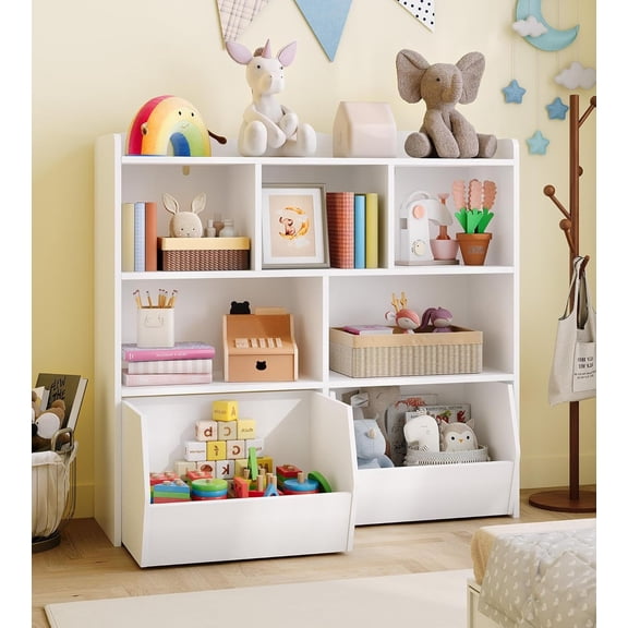 EastVita Toy Storage Organizer with Movable Drawers Bookshelf with Hidden Wheels and 5 Open Cubbies Multifunctional Storage Cabinet Chest for Playroom