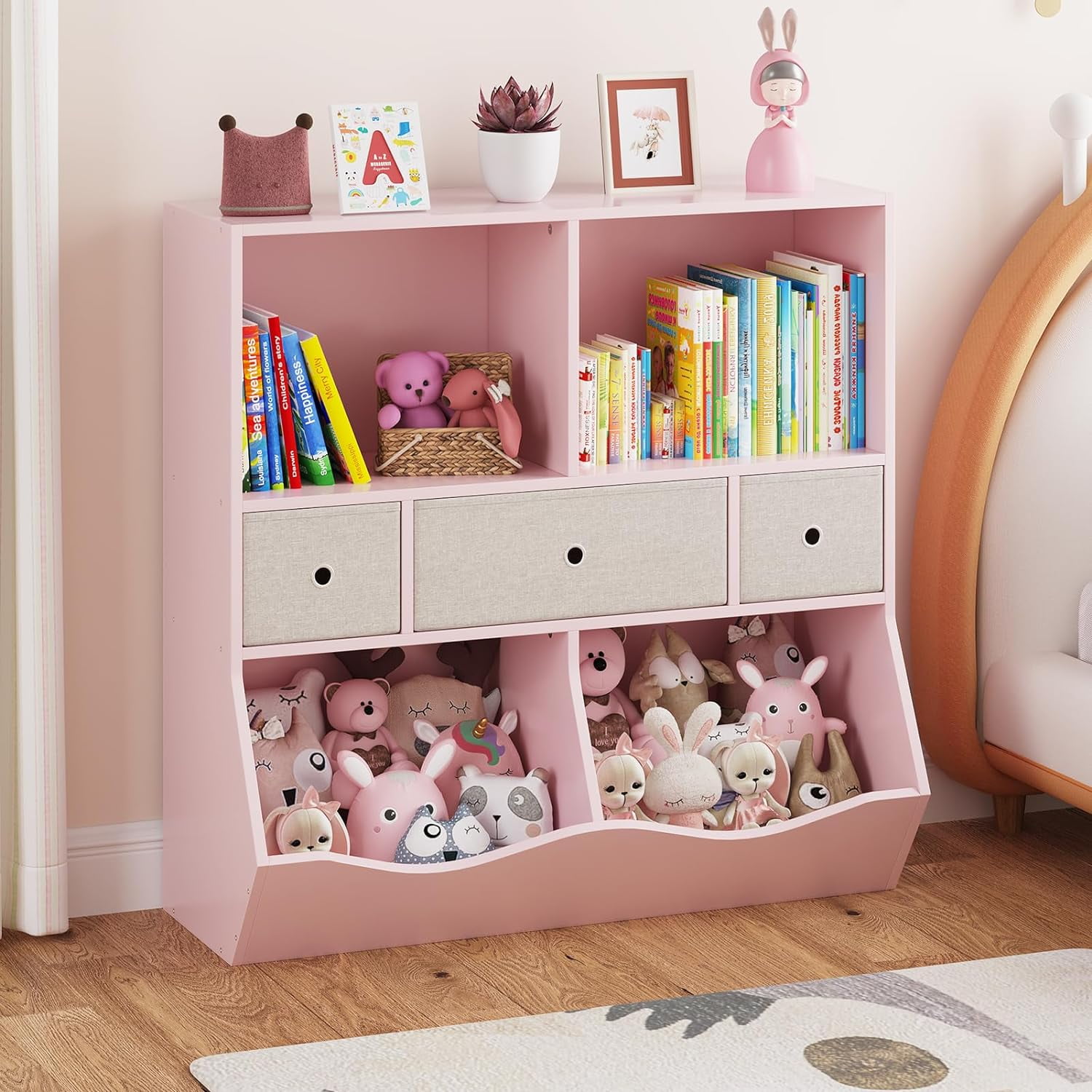EastVita Toy Storage Organizer with 3 Movable Drawers, Kids Bookshelf