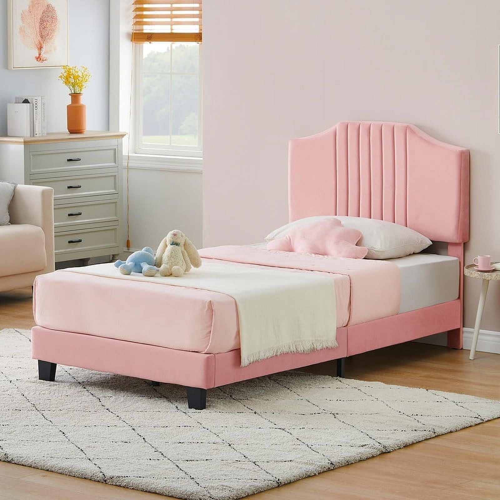 EastVita Twin Size Bed Frame with Velvet Upholstery, Headboard, Wooden ...