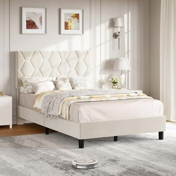 EastVita Twin Size Platform Bed Frame with Upholstered Adjustable Headboard,Fabric Bed Frame,Beige Linen