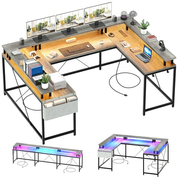 EastVita U Shaped Computer Gaming Desk,Reversible L Shaped Desk with Power Outlets,LED Strip,Monitor Stand,Large Corner Desk with Storage,Gray Oak