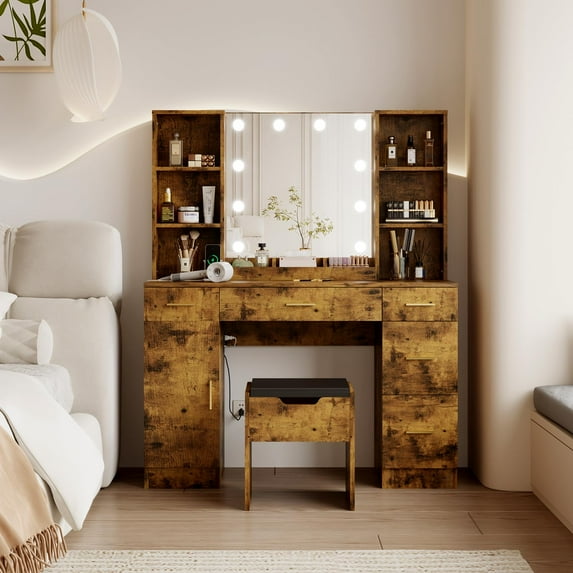 EastVita Vanity Desk with Mirror and LED Lights, Makeup Vanity with Power Outlet, 3 Colors Light, Makeup Table with 5 Drawers & Open Shelves for Bedroom