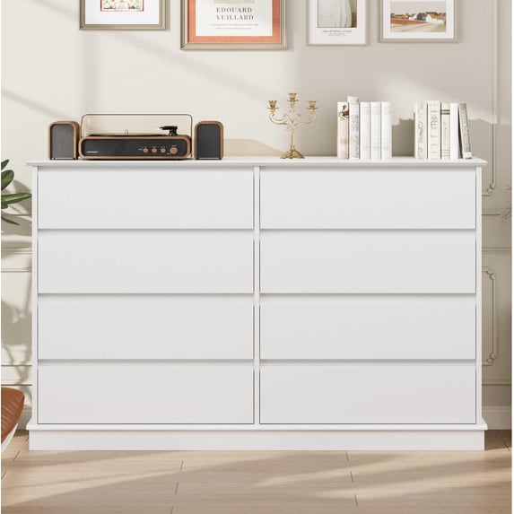 EastVita White 8 Drawer Dresser for Bedroom Wide Wooden Chest of Drawers with Wide Top for Closet Hallway and Living Room