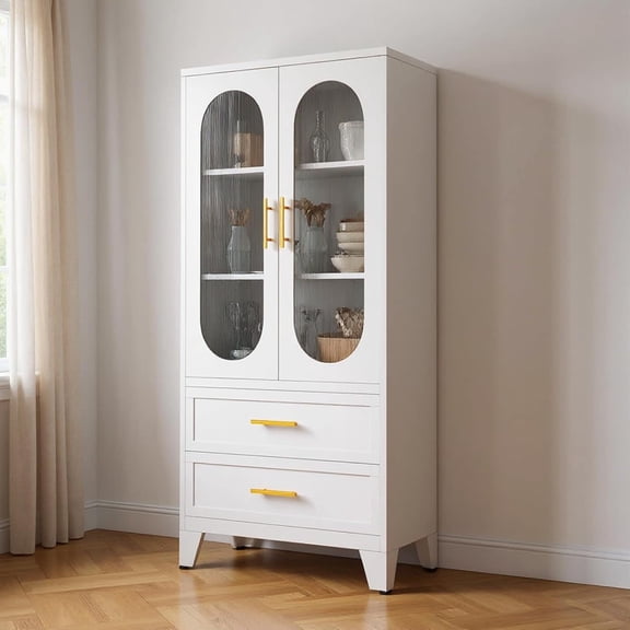 EastVita White Metal Storage Cabinet With 2 Inner Partitions And 2 Drawers On The Bottom Layer Suitable For Kitchen Laundry Room Living Room Bathroom Dining Room Tool Room