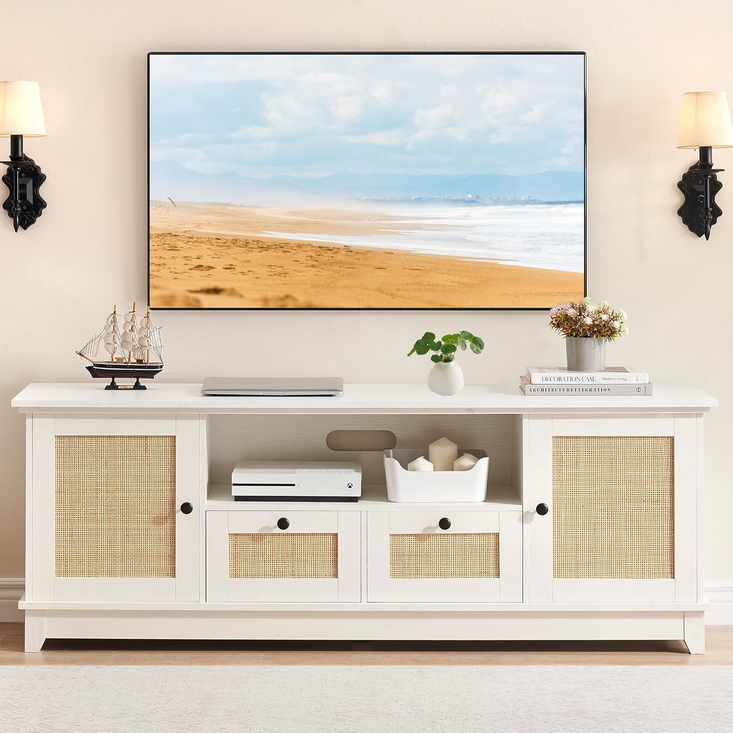 EastVita White Rattan TV Stand for 65 inch TV,Modern Console Table with ...