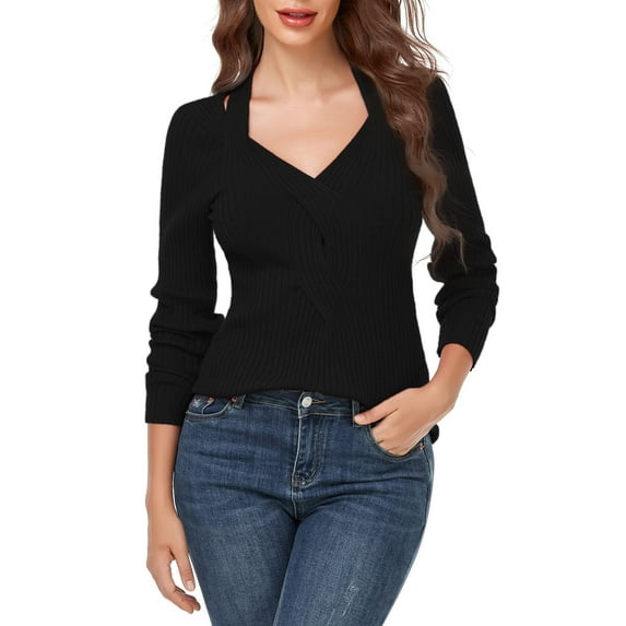 EastVita Women's V Neck Criss Cross Twisted Front Knitted Long Sleeve Sweater Twist Pullover Tops