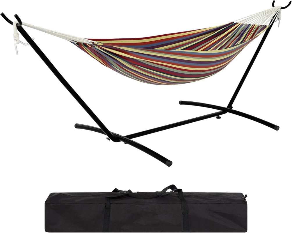 EastVita Yellow Rainbow Stripes Double Person Heavy Duty Hammock with Space-Saving Steel Stand, 450lb Capacity, Portable Carrying Case, Premium Balance Beams, Indoor/Outdoor Use