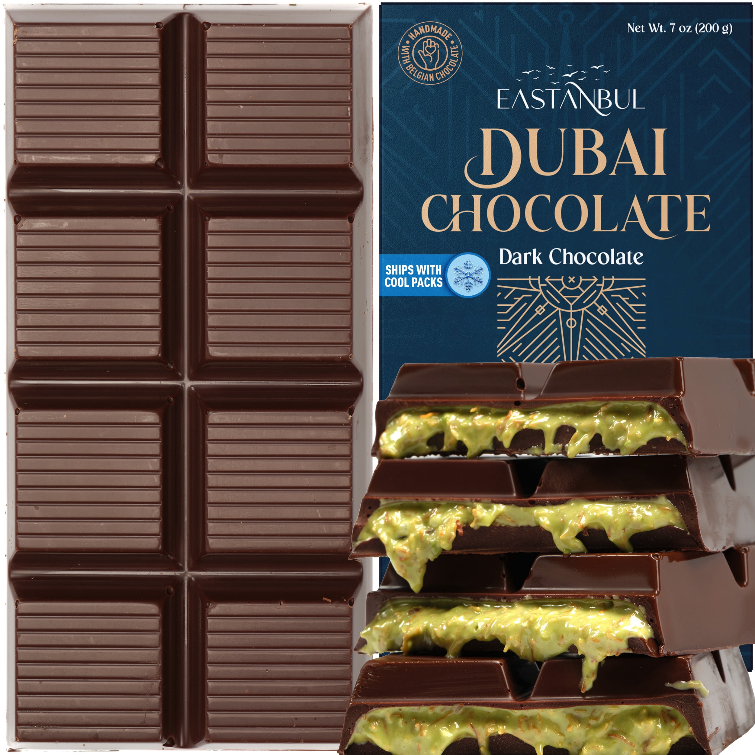 Eastanbul Dubai Dark Chocolate Bar with Pistachio Cream and Kataifi, 7oz