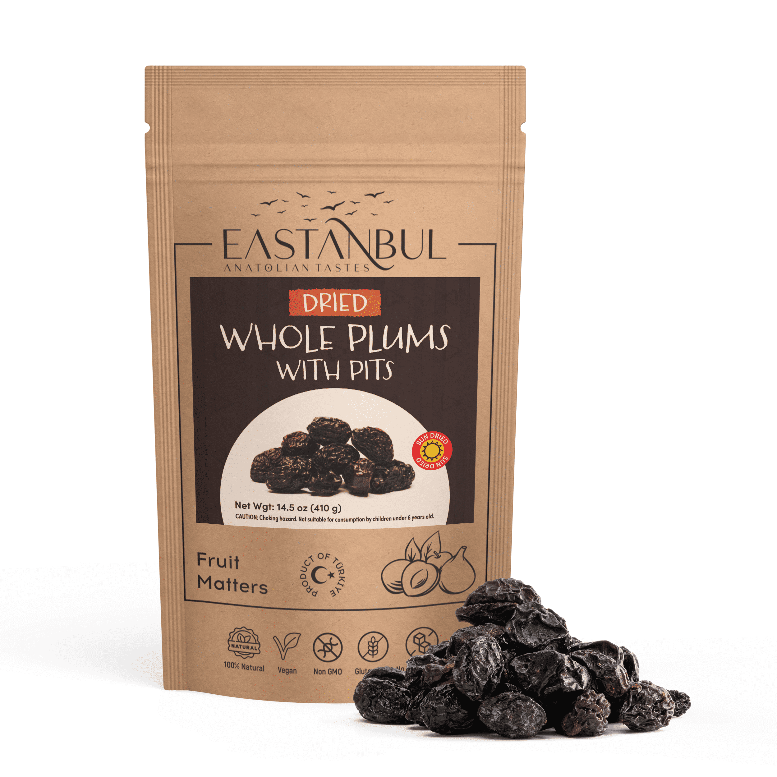 Eastanbul Prunes, Plums 14.5oz, Sun Dried Prunes, Unsweetened, Dry Damson Prune, Whole Dried