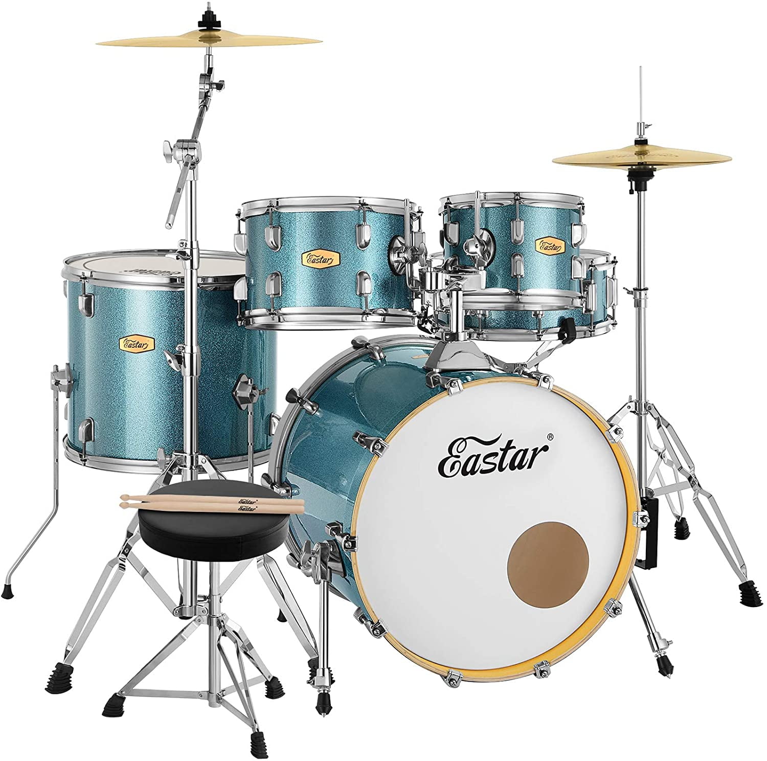 Eastar 20 Inch Drum Set for Adult Junior Teen 5 Piece Professional Full Size Drum Kit with Cymbals Stands Stool and Sticks Starry Blue