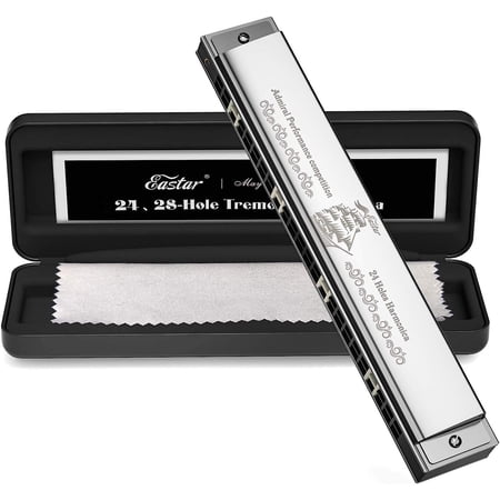 Eastar 24 Holes Harmonica For Beginners Adults Kids, C Key Tremolo Mouth Organ With Case, Silver, Mother's Day Gift