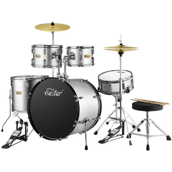 Eastar Adults Drum Set 5 Piece 22“ Full Size Drums Kit for Junior Beginner with Pedal Cymbals Stands Stool and Sticks, Metallic Silver