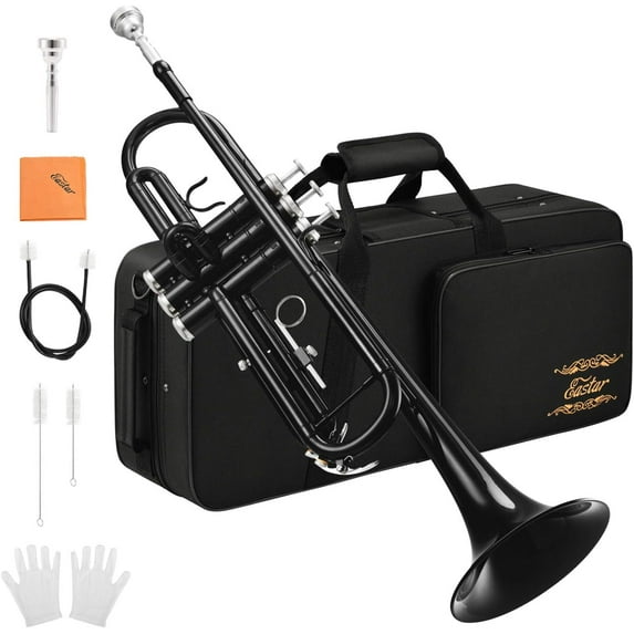 Eastar Bb Standard Trumpet Set for Student Beginner with Hard Case, Cleaning Kit, 7C Mouthpiece and Gloves, Brass Bb Instrument, Black