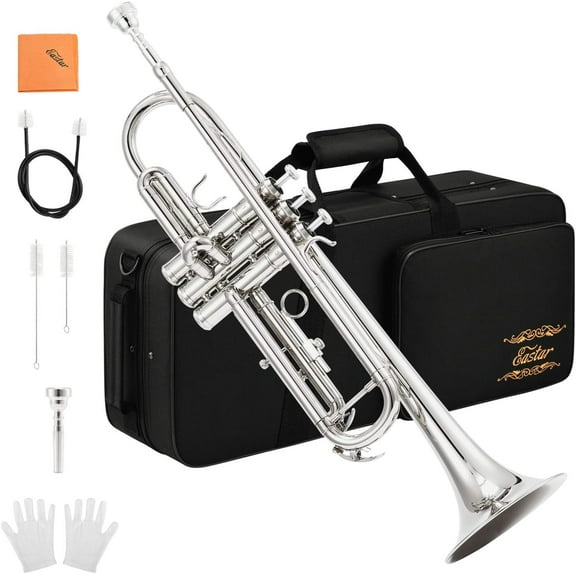 Eastar Bb Standard Trumpet Set for Student Beginner with Hard Case, Cleaning Kit, 7C Mouthpiece and Gloves, Nickel