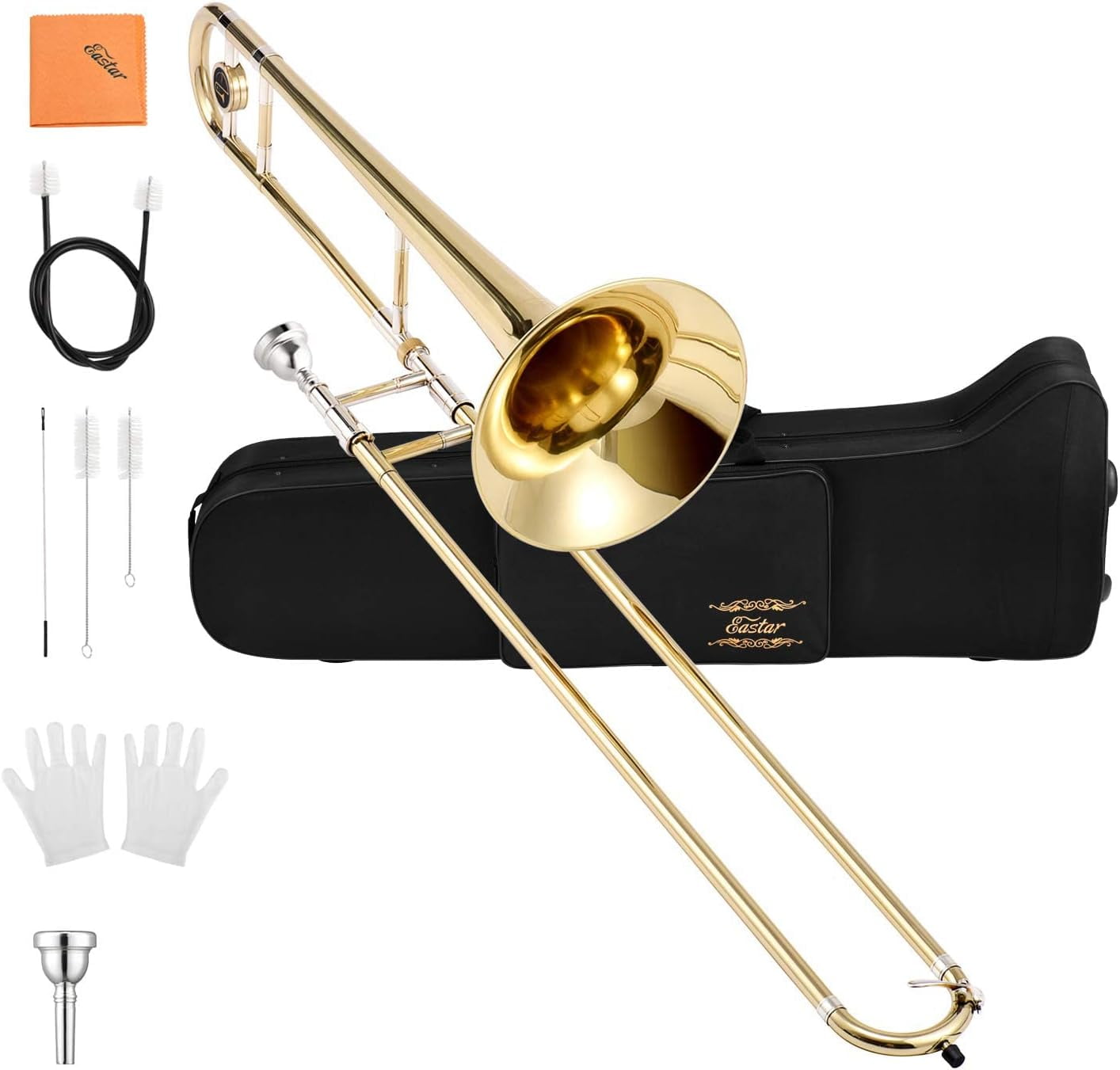 Eastar Bb Tenor Trombone for Beginners Students B Flat Brass Instrument,  with Case, Mouthpiece, White Gloves, Cleaning Kit, Gold 