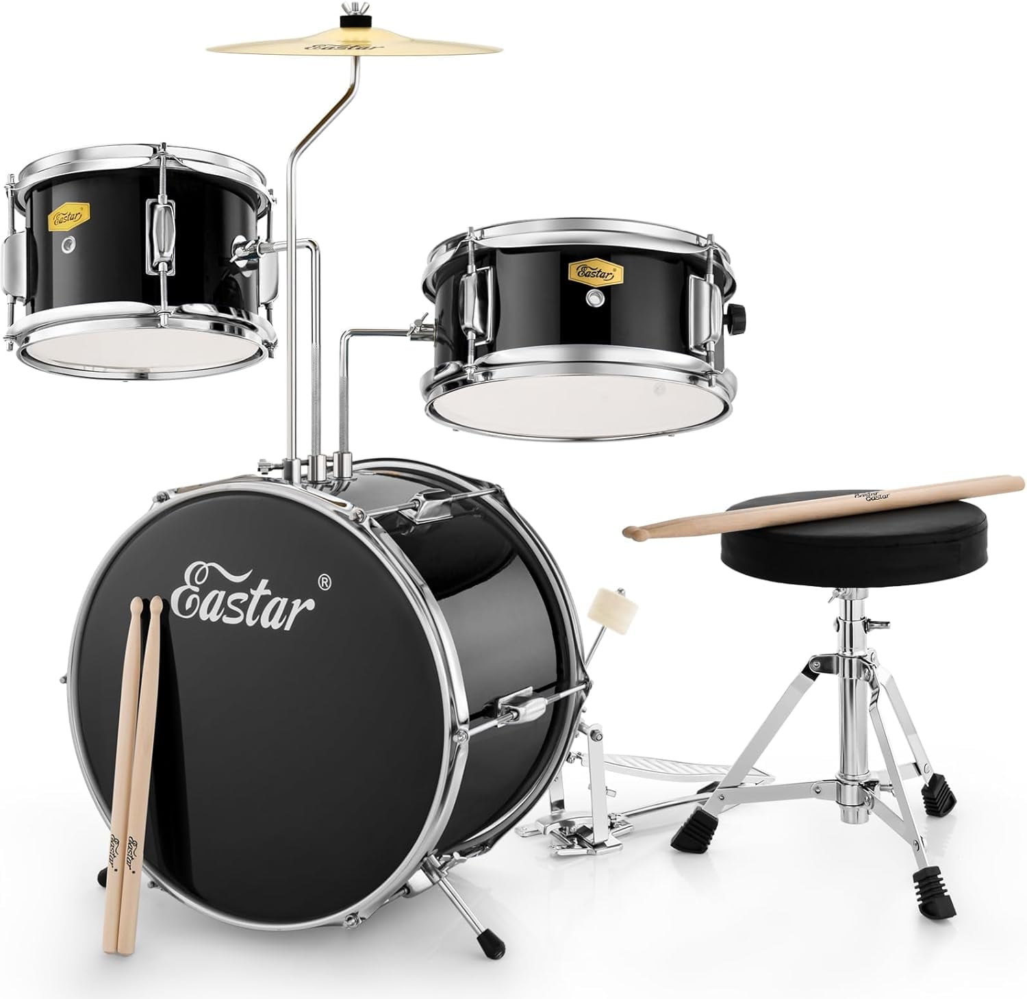 Eastar Beginners Drum Sets Colorful 14" Kids Drum Kit, Child Mini Percussion Instrument Toys, Drumming Stool Chair, Drumsticks, Mirror All Black
