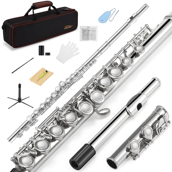Eastar EFL-1 Nickel Plated C Flute for Beginner Students - 16 Key Closed Hole with Carrying Case, Stand, Full Cleaning Kit & Tuning Rod