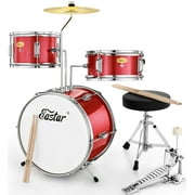 Eastar Drum Set for Kids 14 inch 3-Piece Drums Kit Child Beginners Jazz Musical Instrument, Throne, Cymbal, Pedal, Drumsticks, Red