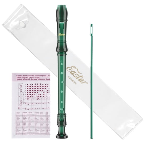 Eastar ERS-1GG German Fingering Soprano Recorder, Key of C 3-Piece 8-Hole Transparent Resin Recorder for Kids Beginners & Students, School Music Class, with Fingering Chart & Cleaning Rod (Green)