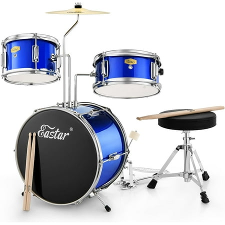 Eastar Kids Drum Set for Christmas Gift 14" 3-Piece Drums Kits with Bass Tom Snare, Adjustable Throne, Cymbal, Pedal, Drumsticks, Mirror Blue