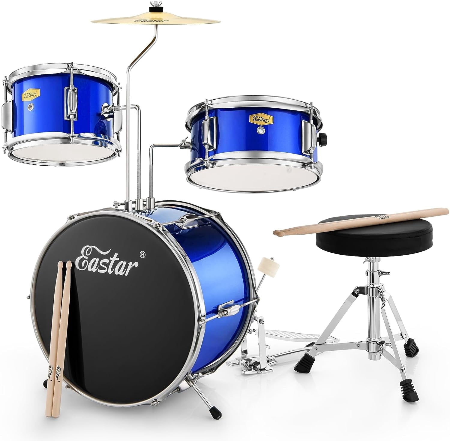 Eastar Kids Drum Set for Gift 14" 3-Piece Drums Kits with Bass Tom Snare, Adjustable Throne, Cymbal, Pedal, Drumsticks, Mirror Blue