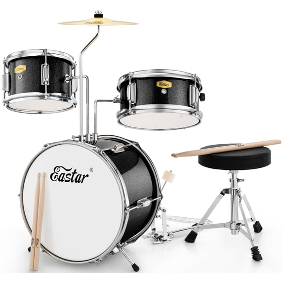 Eastar Kids Drums Toys 3 Piece 14 In Percussion Musical Instrument, Drumming Kit for Beginners, Metallic Black