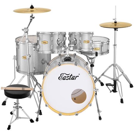 Eastar Professional 20" 5 Piece Complete Junior Drum Set Kit for Adult, Full Size with Cymbals, Stands, Stool and Sticks, Starry White