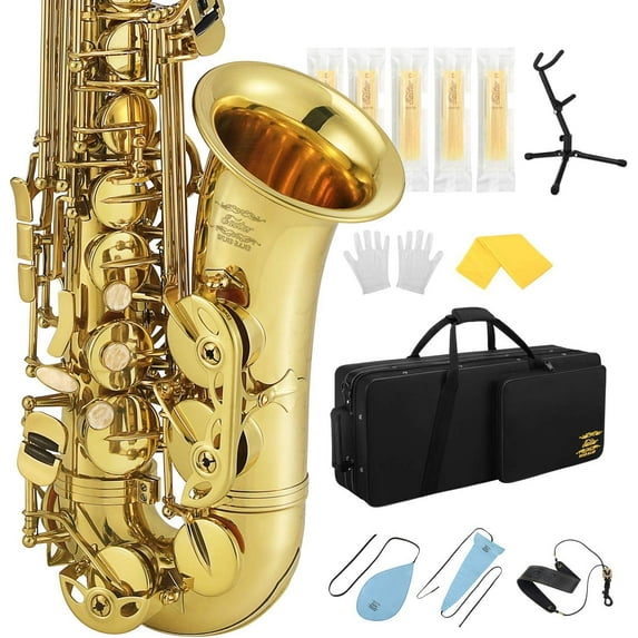 Eastar Professional Alto Saxophone E Flat Sax Full Kit Gold Eb Brass Instrument With Cleaning Cloth, Carrying Case, Mouthpiece, Neck Strap, Reeds and Stand