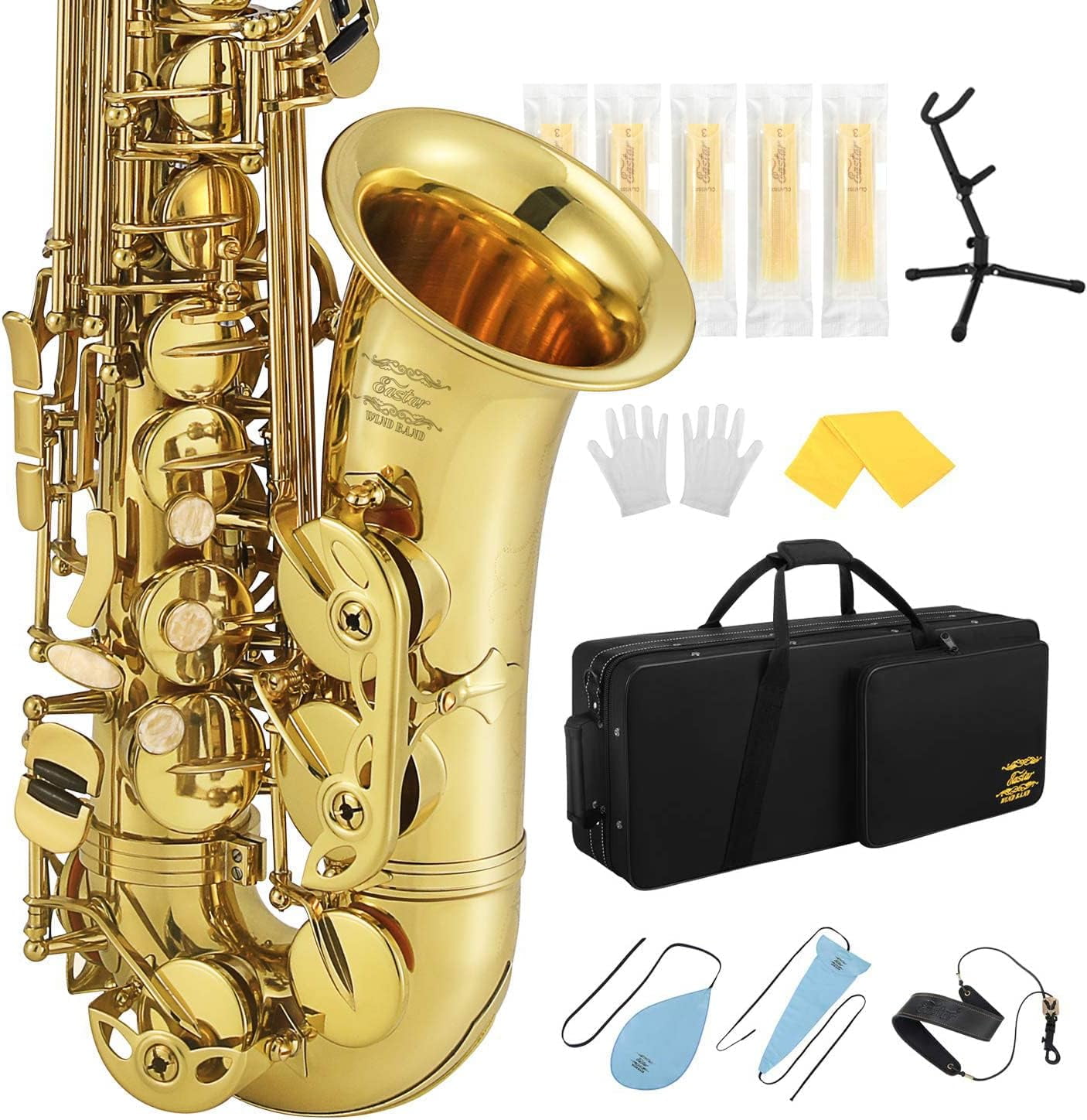 Eastar Professional Alto Saxophone E Flat Sax Full Kit Gold Eb Brass  Instrument With Cleaning Cloth, Carrying Case, Mouthpiece, Neck Strap,  Reeds and Stand 