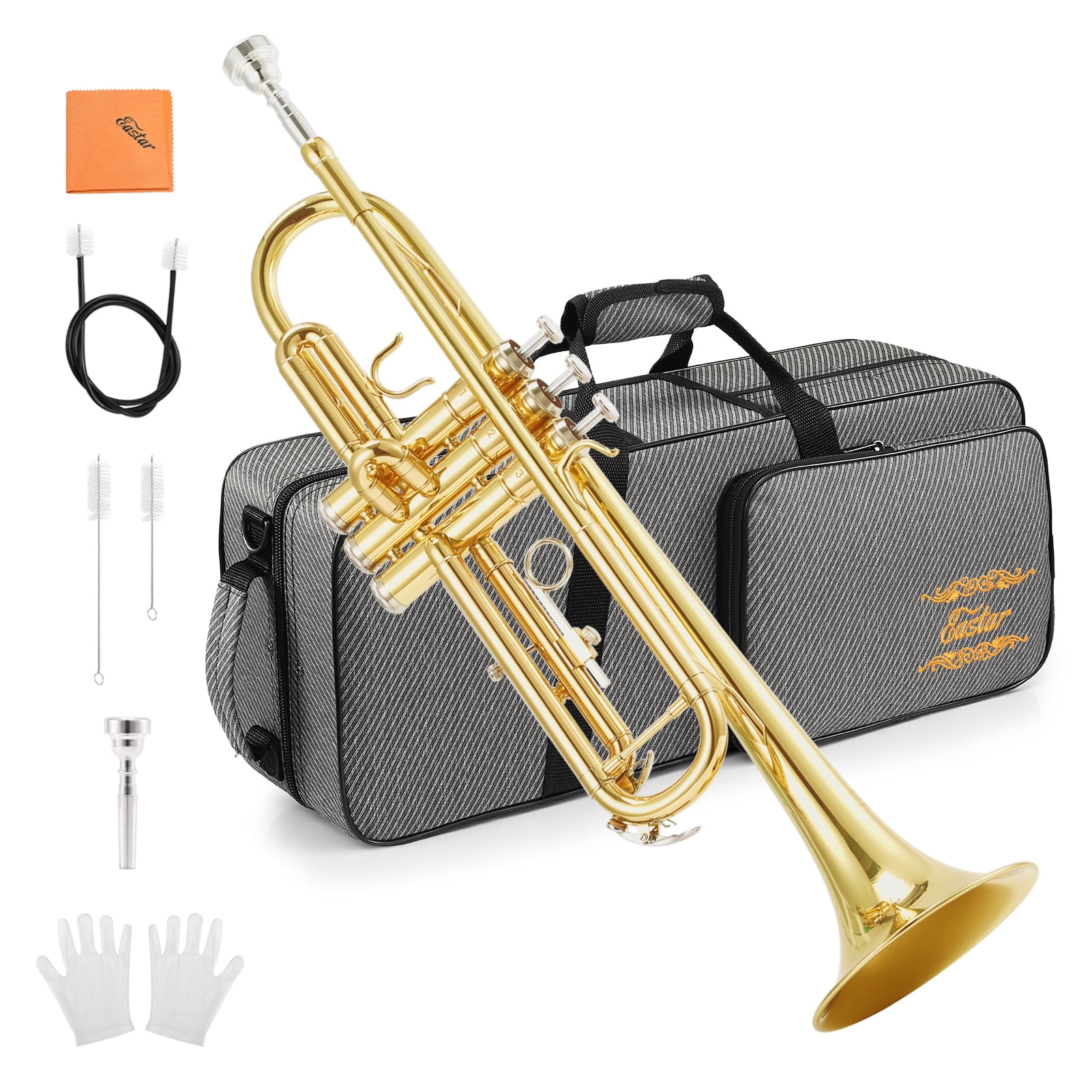 Eastar Student Beginner Bb Trumpet Set: Standard Brass Instrument for School Band, Gold-Colored with Included Case