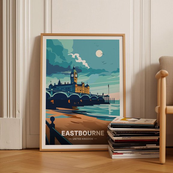 Eastbourne Coastal Scene Travel Poster, Uk Pier Wall Art, Unique Birthday Gift Idea, Home Decor Wall Art, Modern Wall Decor, 8x12 UNFRAMED