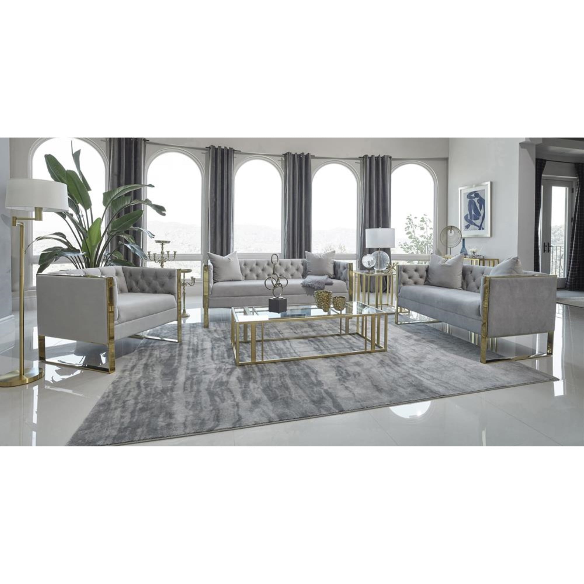Gray Velvet and Gold 2-Piece Sofa and Loveseat Set